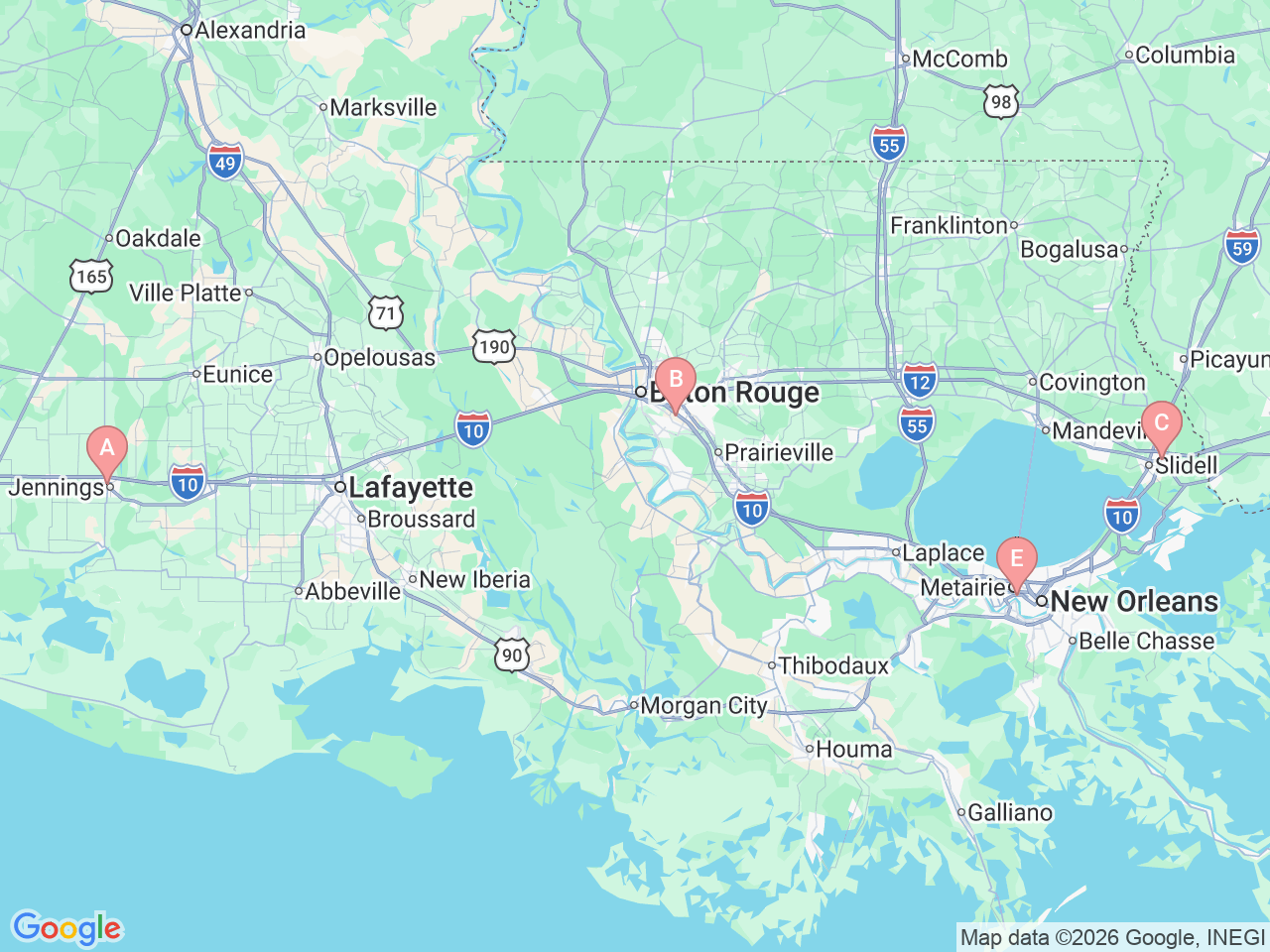 Map of Ochsner-affiliated facilities that provide services related to Pediatric Surgery