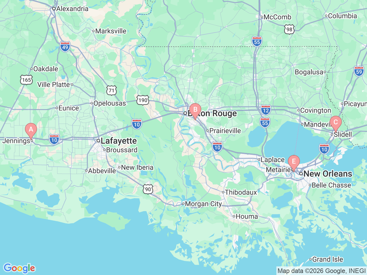 Map of Ochsner-affiliated facilities that provide services related to Pediatric Surgery