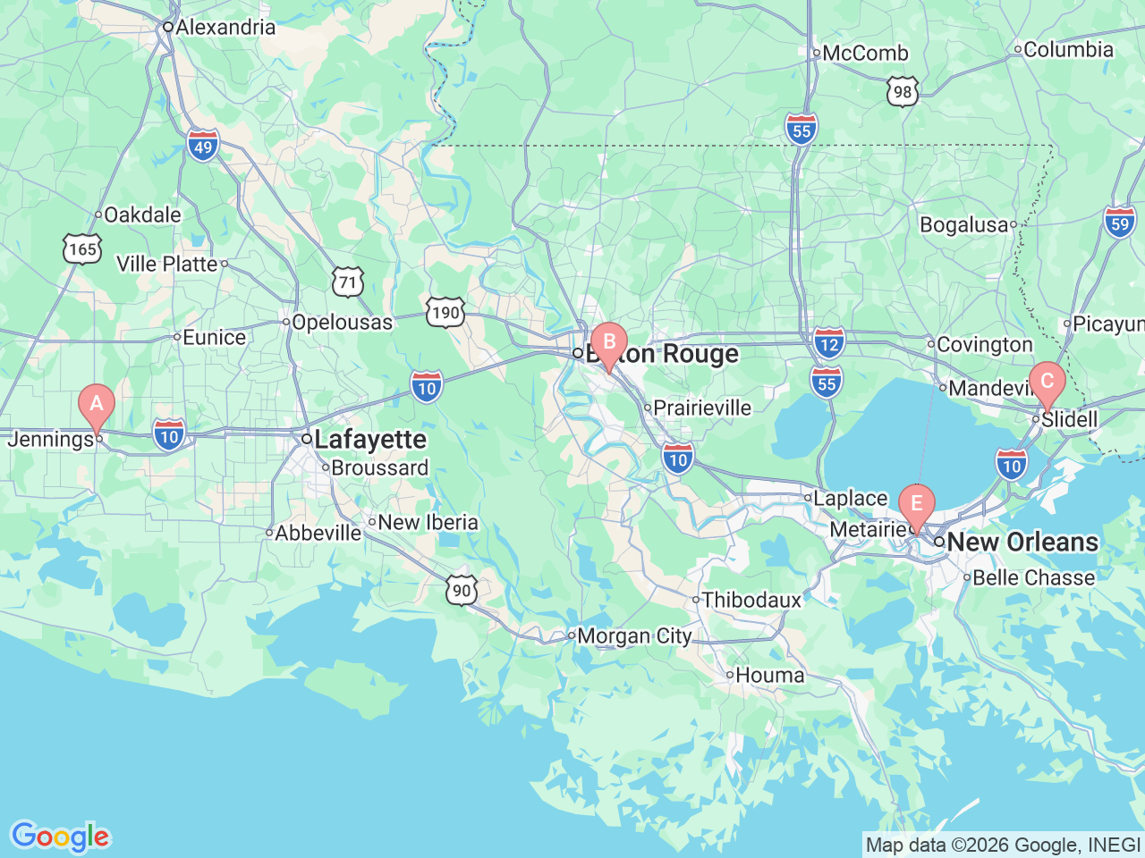 Map of Ochsner-affiliated facilities that provide services related to Pediatric Surgery