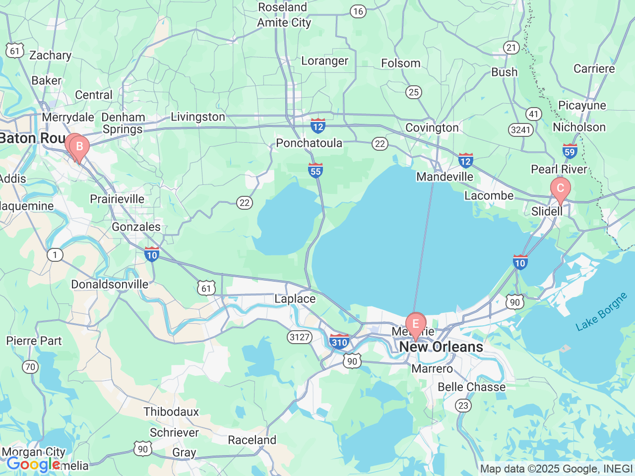 Map of Ochsner-affiliated facilities that provide services related to Pediatric Urology