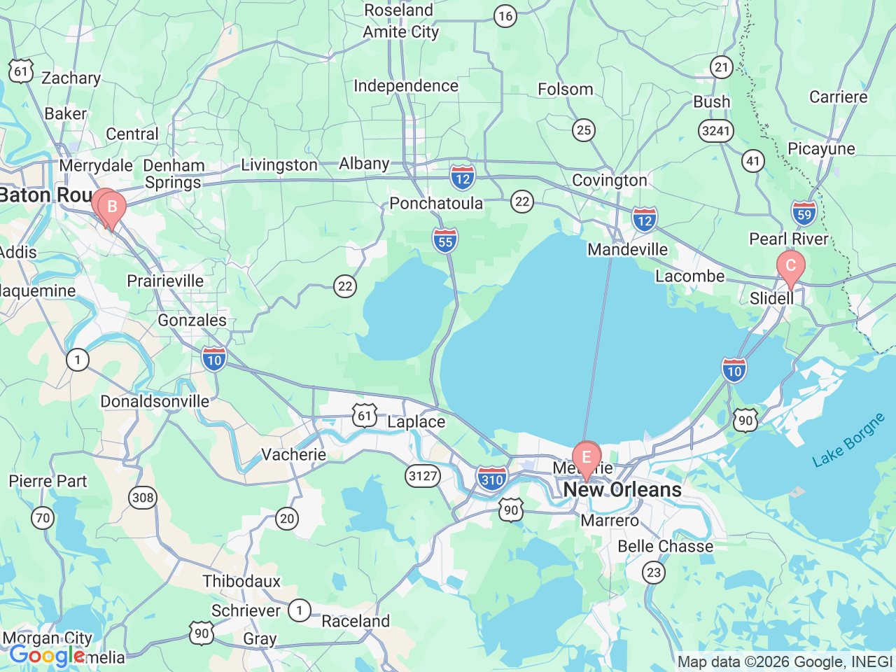 Map of Ochsner-affiliated facilities that provide services related to Pediatric Urology