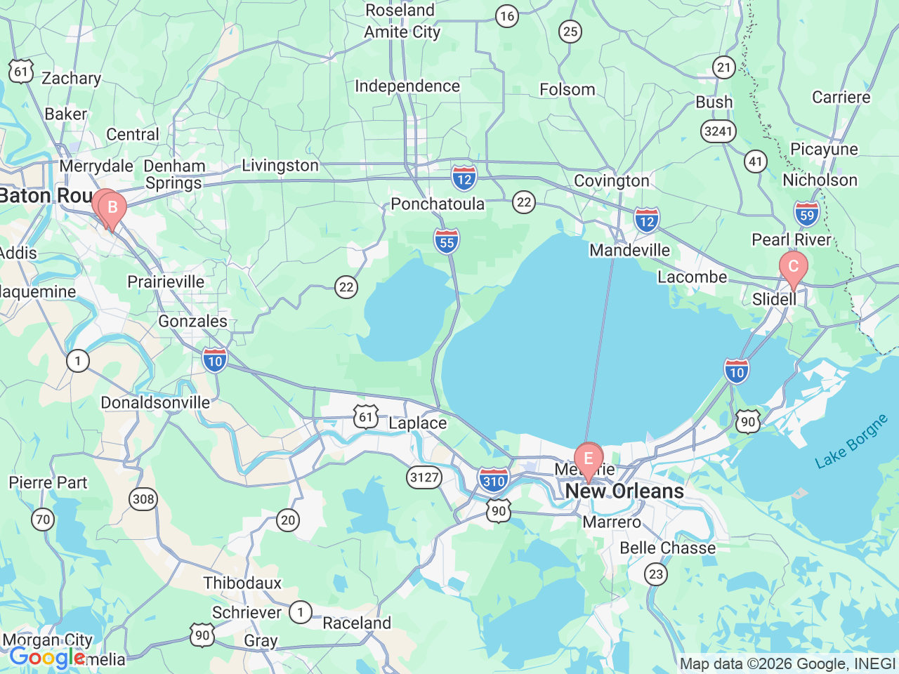 Map of Ochsner-affiliated facilities that provide services related to Pediatric Urology
