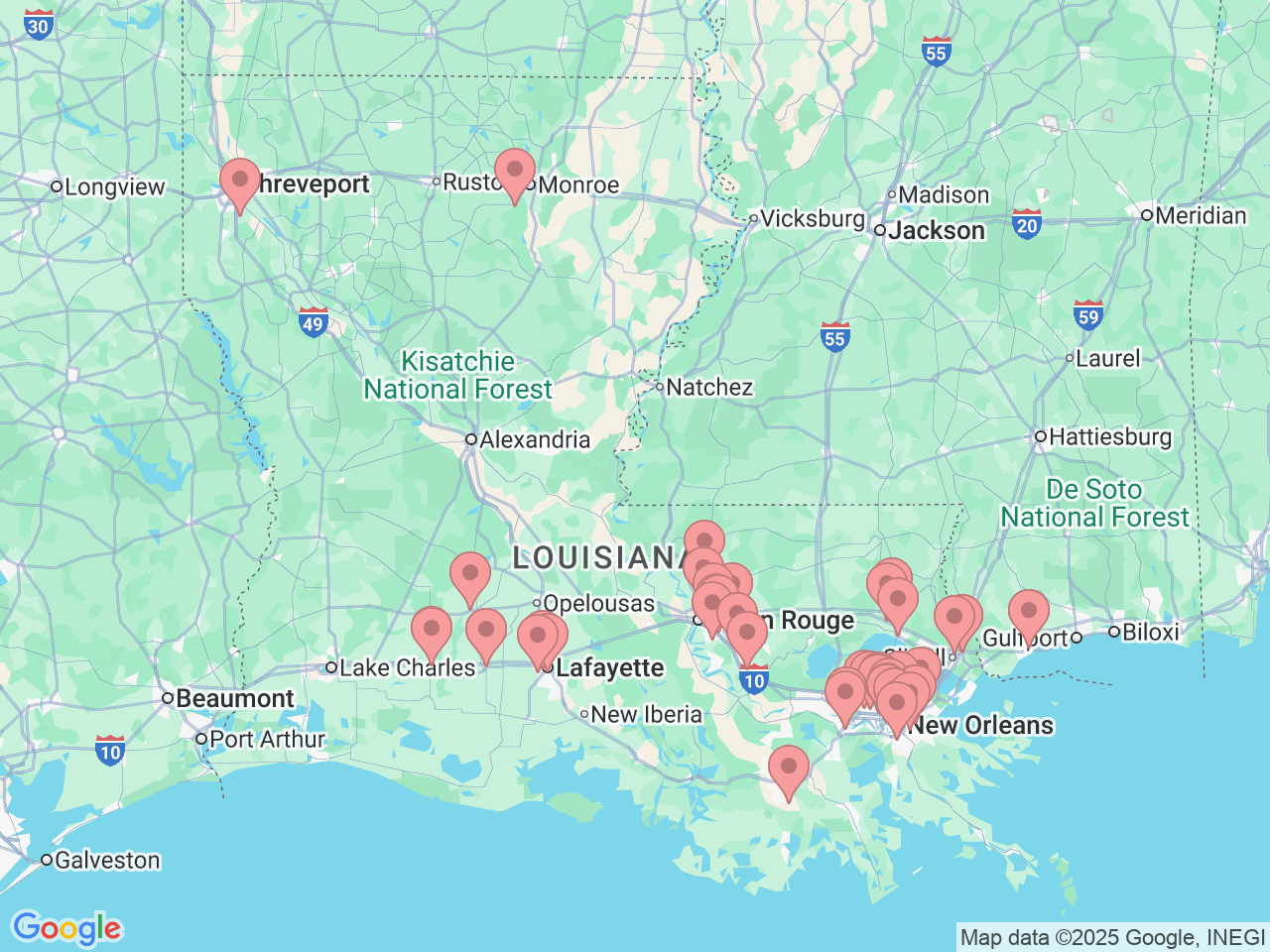 Map of Ochsner-affiliated facilities that provide services related to Pediatrics