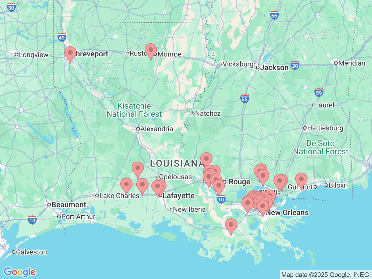 Map of Ochsner-affiliated facilities that provide services related to Pediatrics