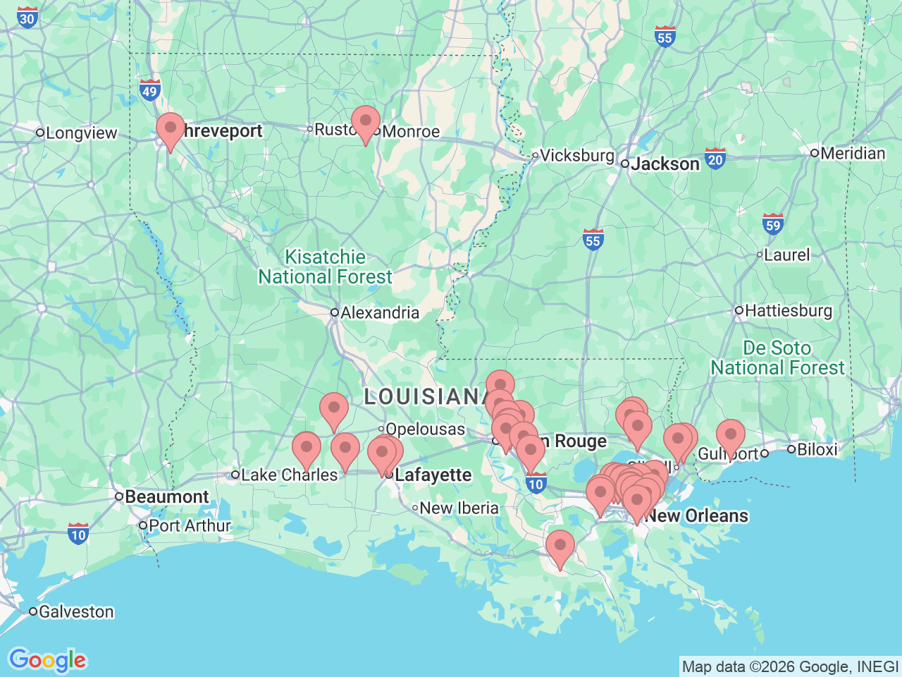 Map of Ochsner-affiliated facilities that provide services related to Pediatrics