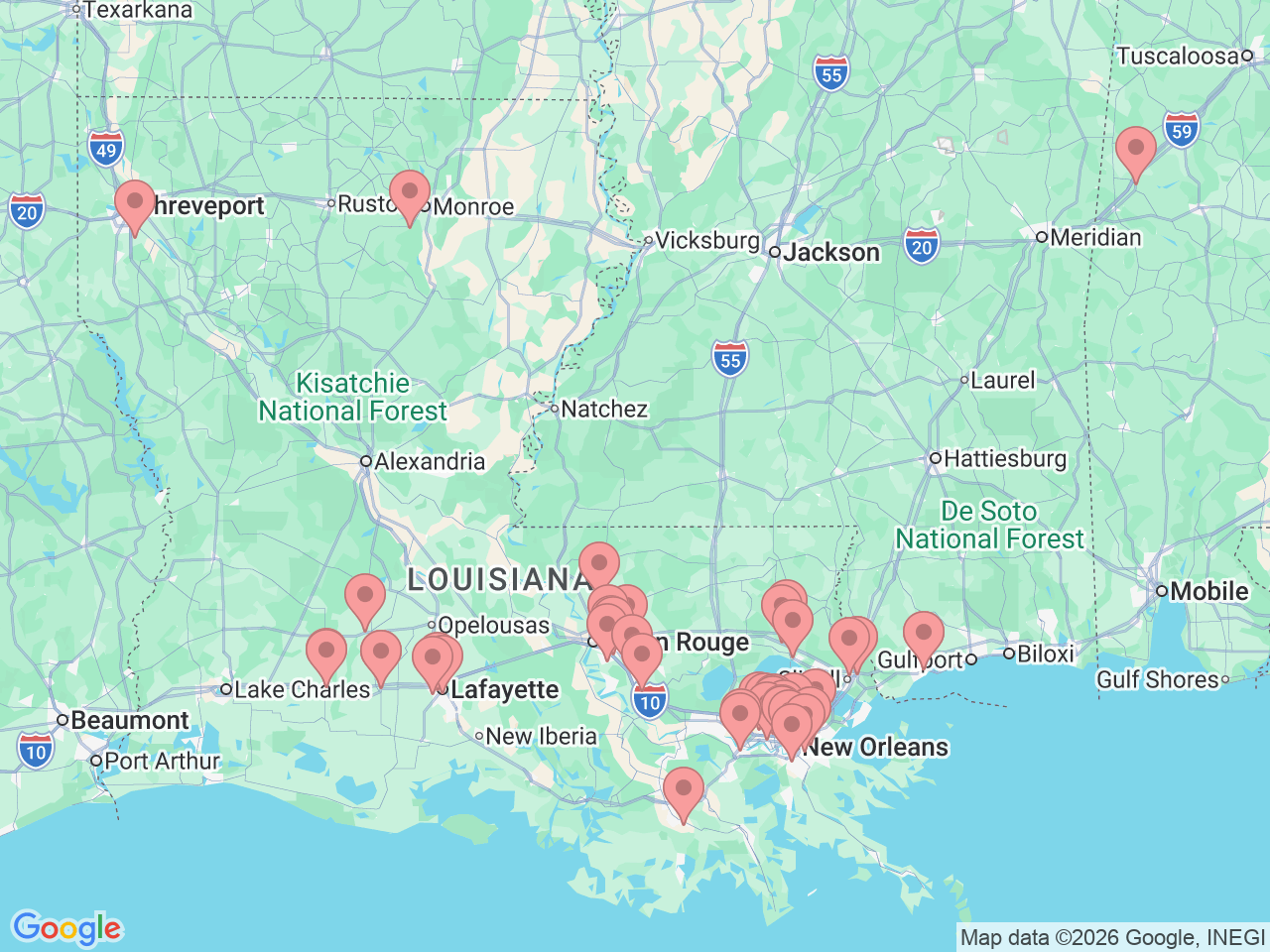 Map of Ochsner-affiliated facilities that provide services related to Pediatrics