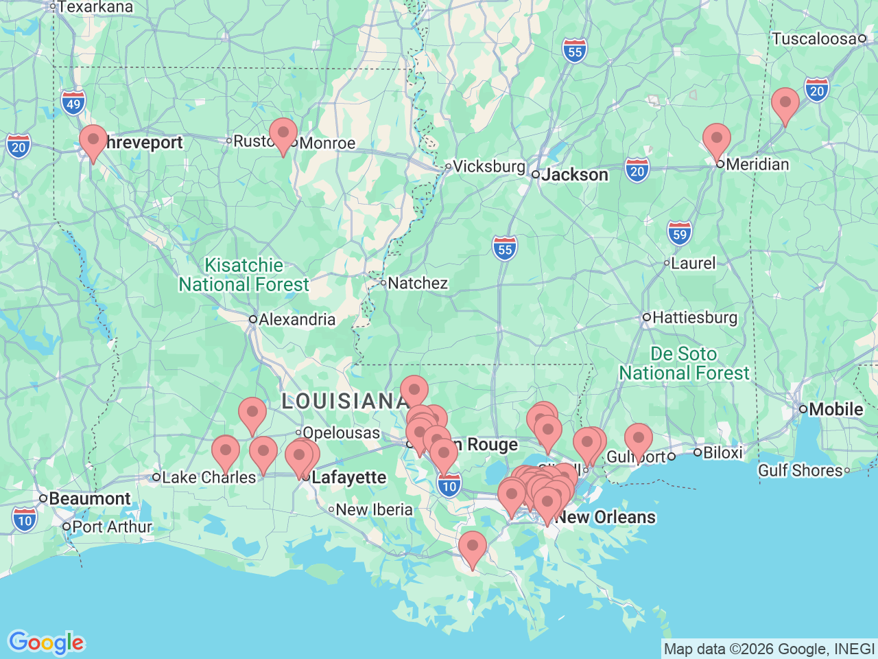 Map of Ochsner-affiliated facilities that provide services related to Pediatrics