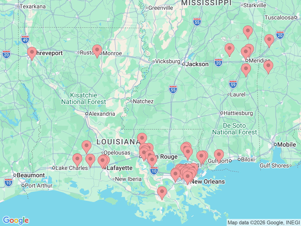 Map of Ochsner-affiliated facilities that provide services related to Pediatrics