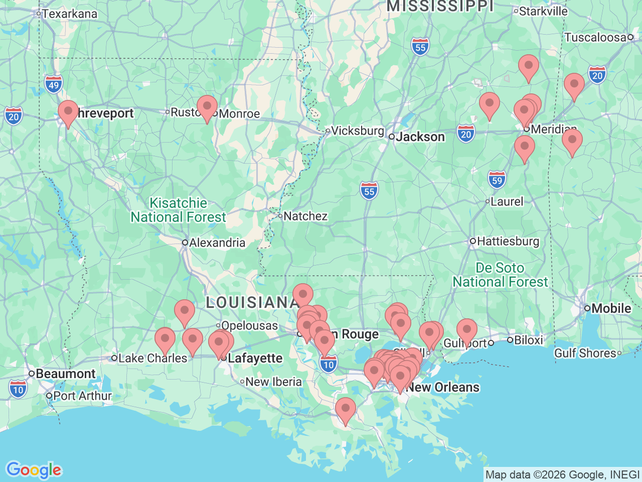 Map of Ochsner-affiliated facilities that provide services related to Pediatrics