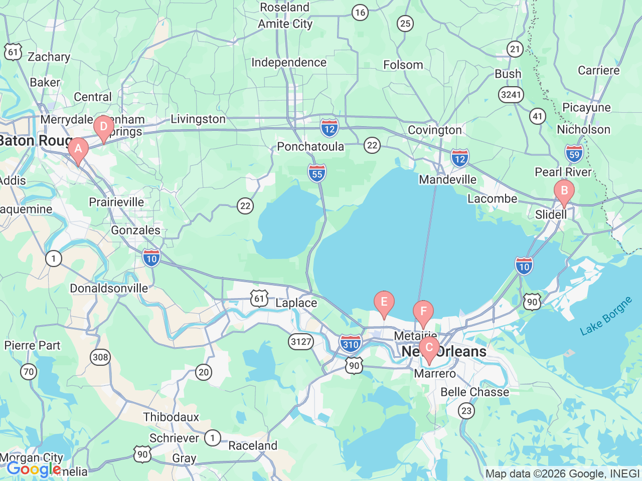 Map of Ochsner-affiliated facilities that provide services related to Pelvic Health Physical Therapy