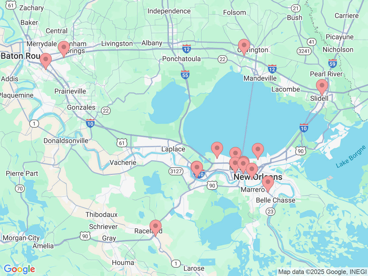 Map of Ochsner-affiliated facilities that provide services related to Ochsner Pharmacy & Wellness