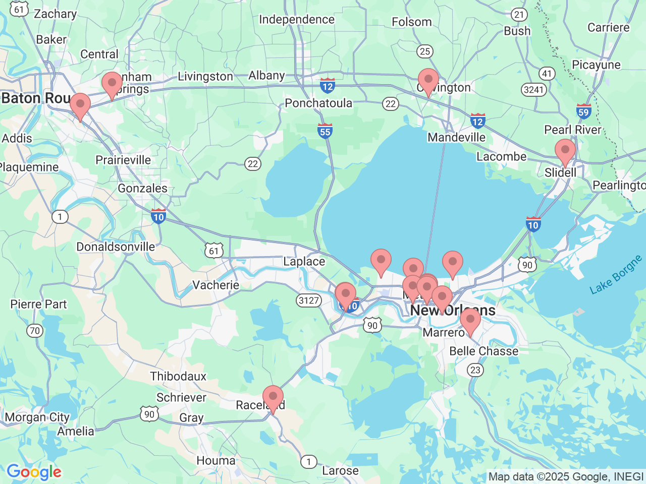 Map of Ochsner-affiliated facilities that provide services related to Ochsner Pharmacy & Wellness
