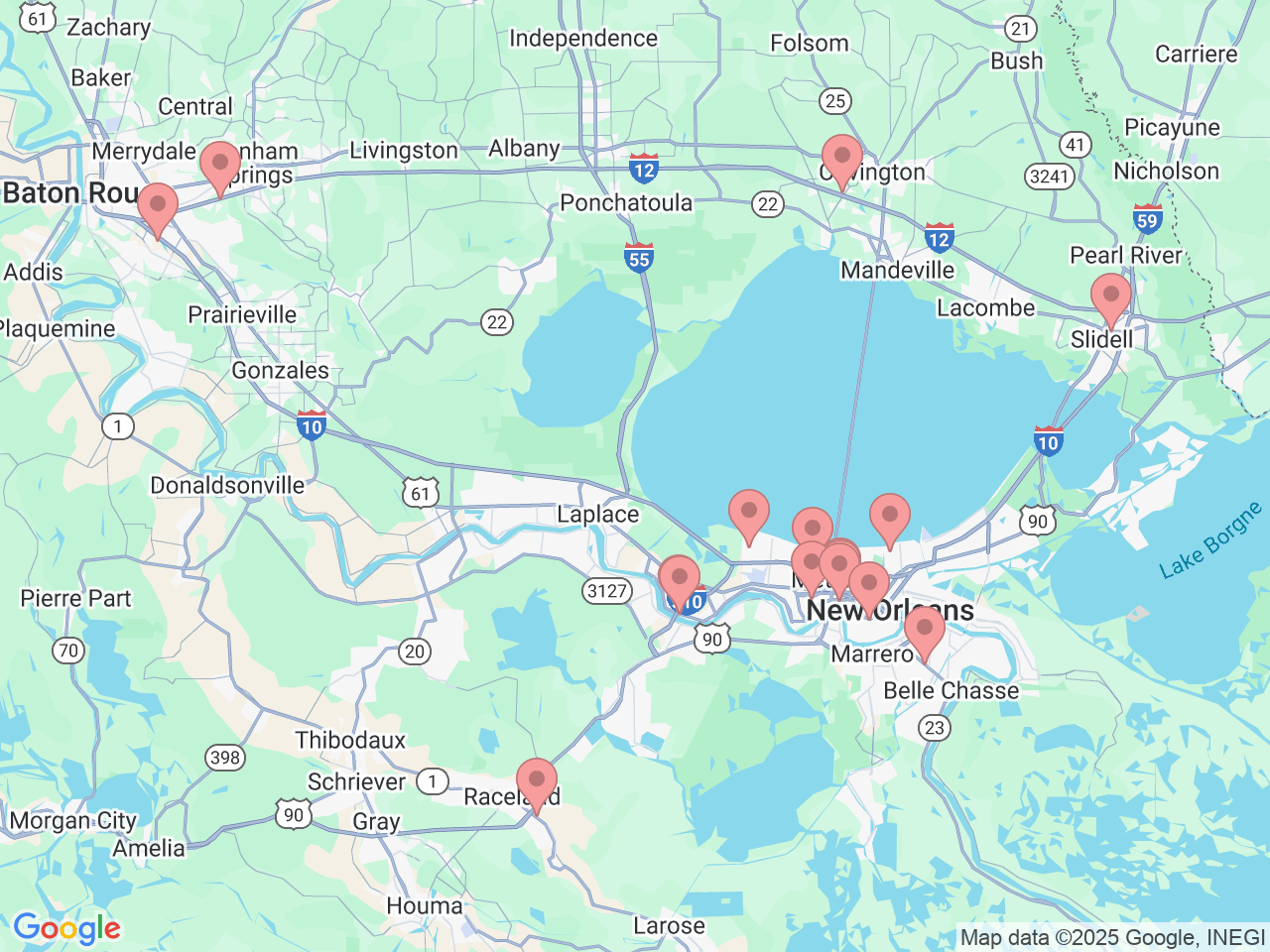 Map of Ochsner-affiliated facilities that provide services related to Ochsner Pharmacy & Wellness