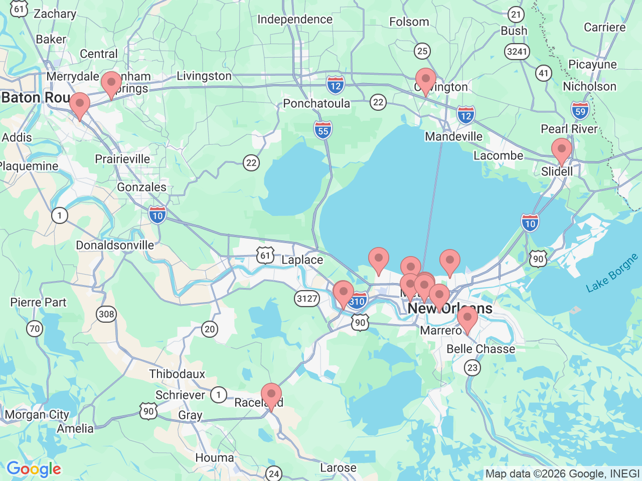 Map of Ochsner-affiliated facilities that provide services related to Ochsner Pharmacy & Wellness