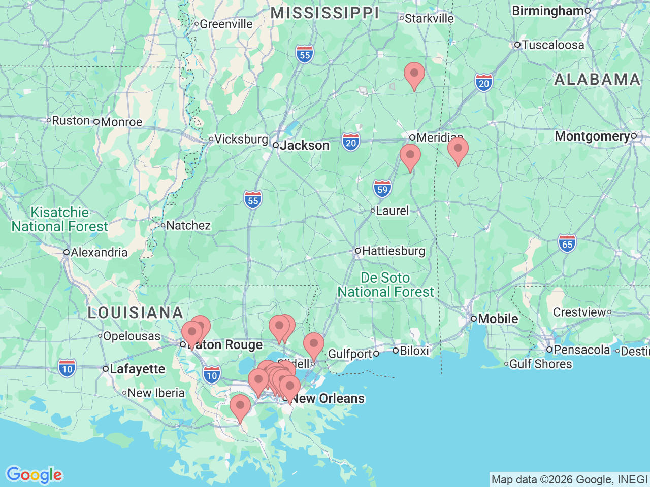 Map of Ochsner-affiliated facilities that provide services related to Ochsner Pharmacy & Wellness
