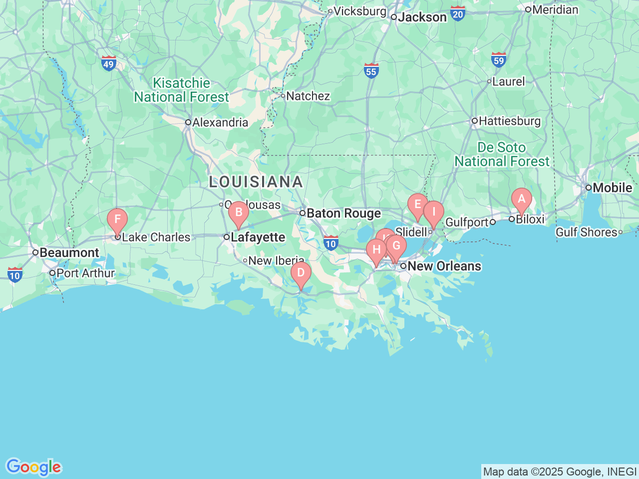 Map of Ochsner-affiliated facilities that provide services related to Physical Medicine & Rehabilitation