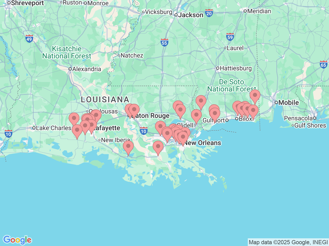 Map of Ochsner-affiliated facilities that provide services related to Physical Therapy