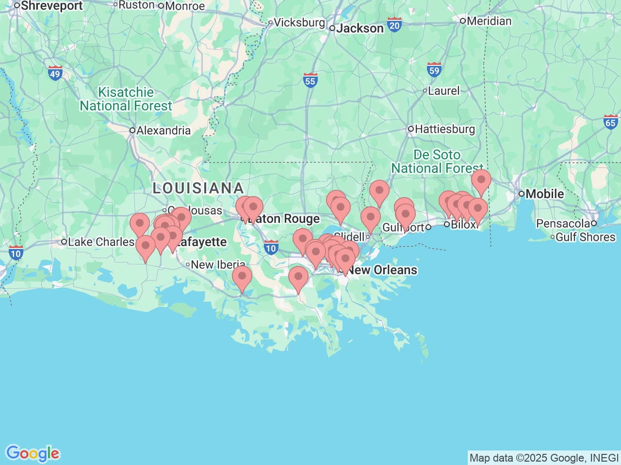 Map of Ochsner-affiliated facilities that provide services related to Physical Therapy