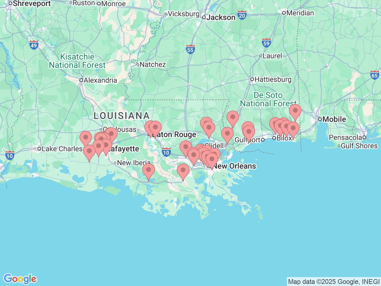 Map of Ochsner-affiliated facilities that provide services related to Physical Therapy