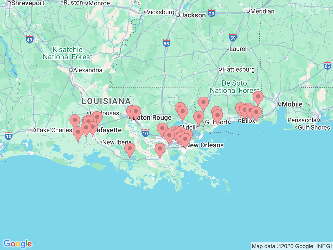 Map of Ochsner-affiliated facilities that provide services related to Physical Therapy