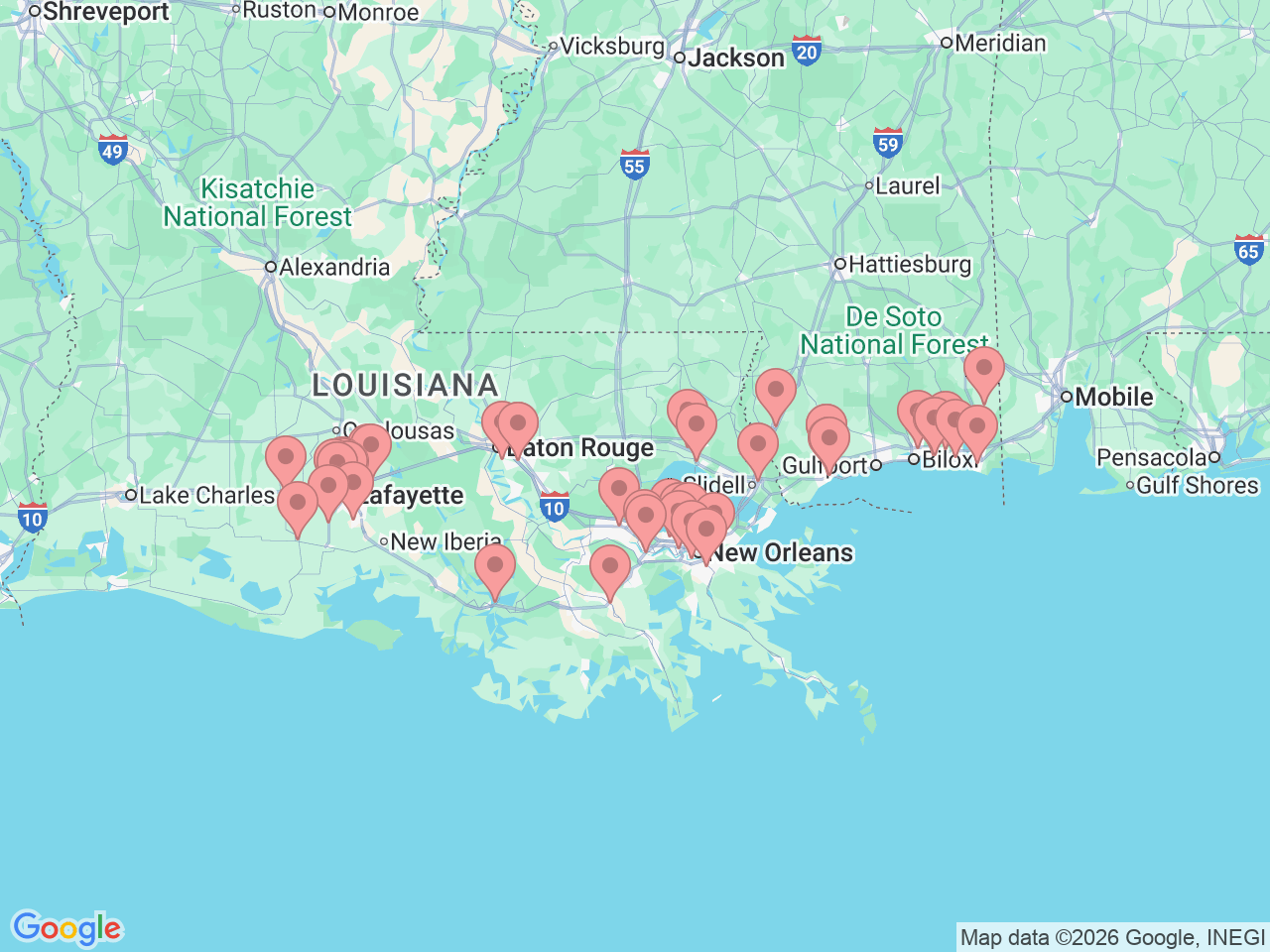 Map of Ochsner-affiliated facilities that provide services related to Physical Therapy