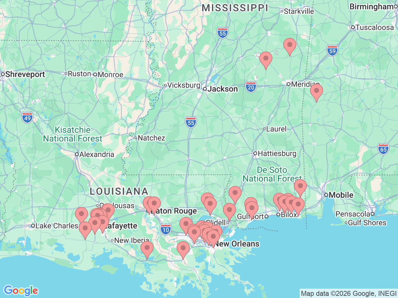Map of Ochsner-affiliated facilities that provide services related to Physical Therapy