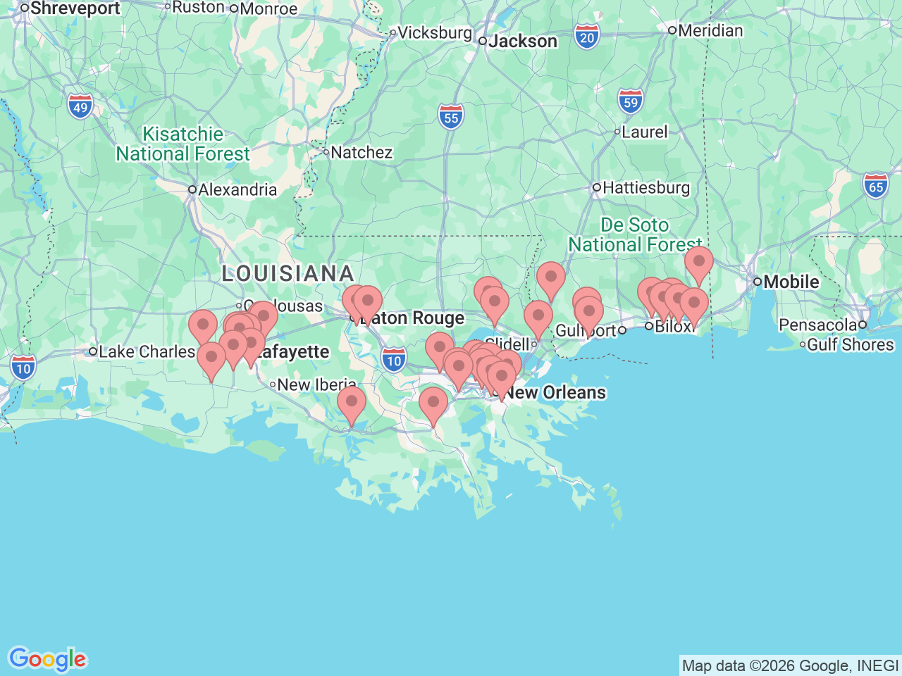 Map of Ochsner-affiliated facilities that provide services related to Physical Therapy
