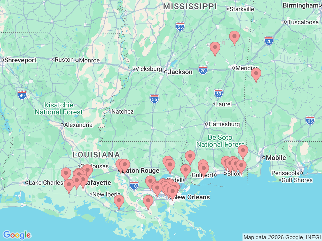 Map of Ochsner-affiliated facilities that provide services related to Physical Therapy