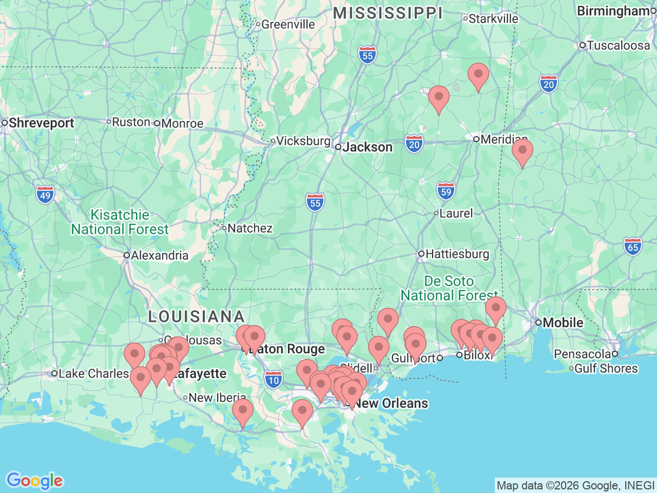 Map of Ochsner-affiliated facilities that provide services related to Physical Therapy