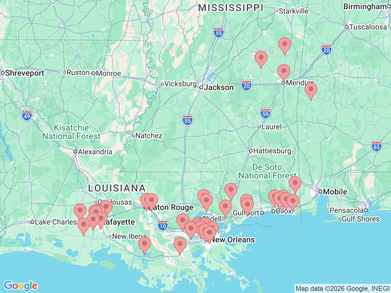 Map of Ochsner-affiliated facilities that provide services related to Physical Therapy