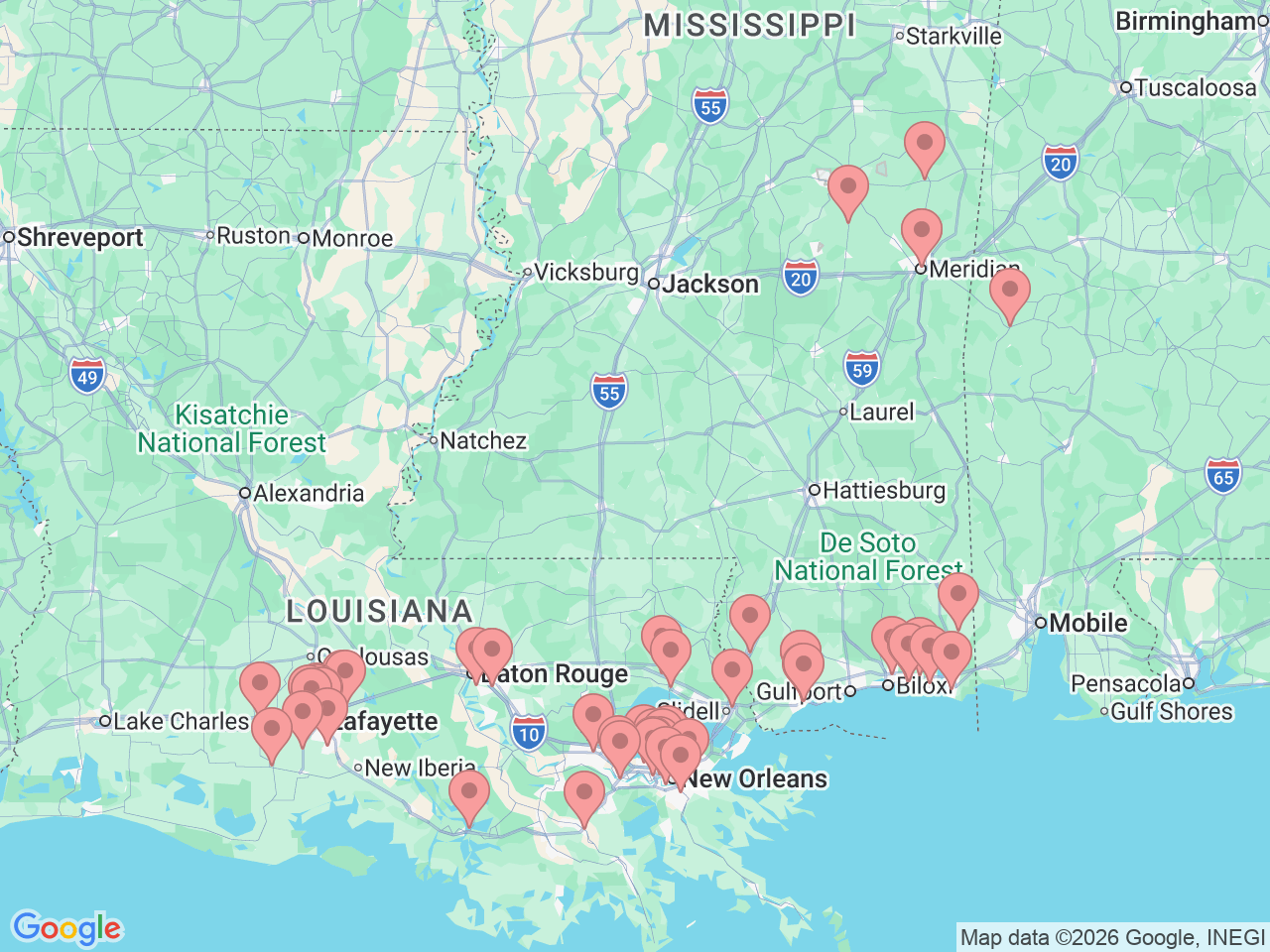 Map of Ochsner-affiliated facilities that provide services related to Physical Therapy