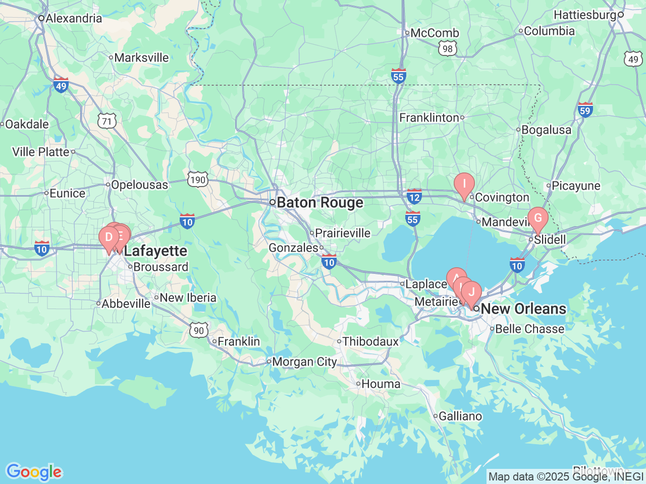 Map of Ochsner-affiliated facilities that provide services related to Plastic and Reconstructive Surgery
