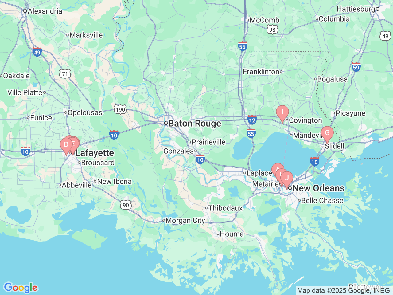Map of Ochsner-affiliated facilities that provide services related to Plastic and Reconstructive Surgery