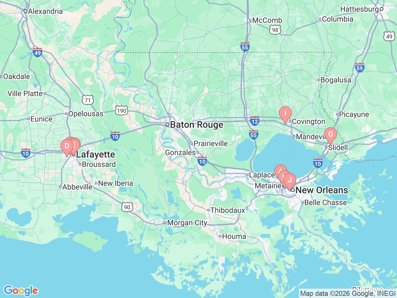 Map of Ochsner-affiliated facilities that provide services related to Plastic and Reconstructive Surgery