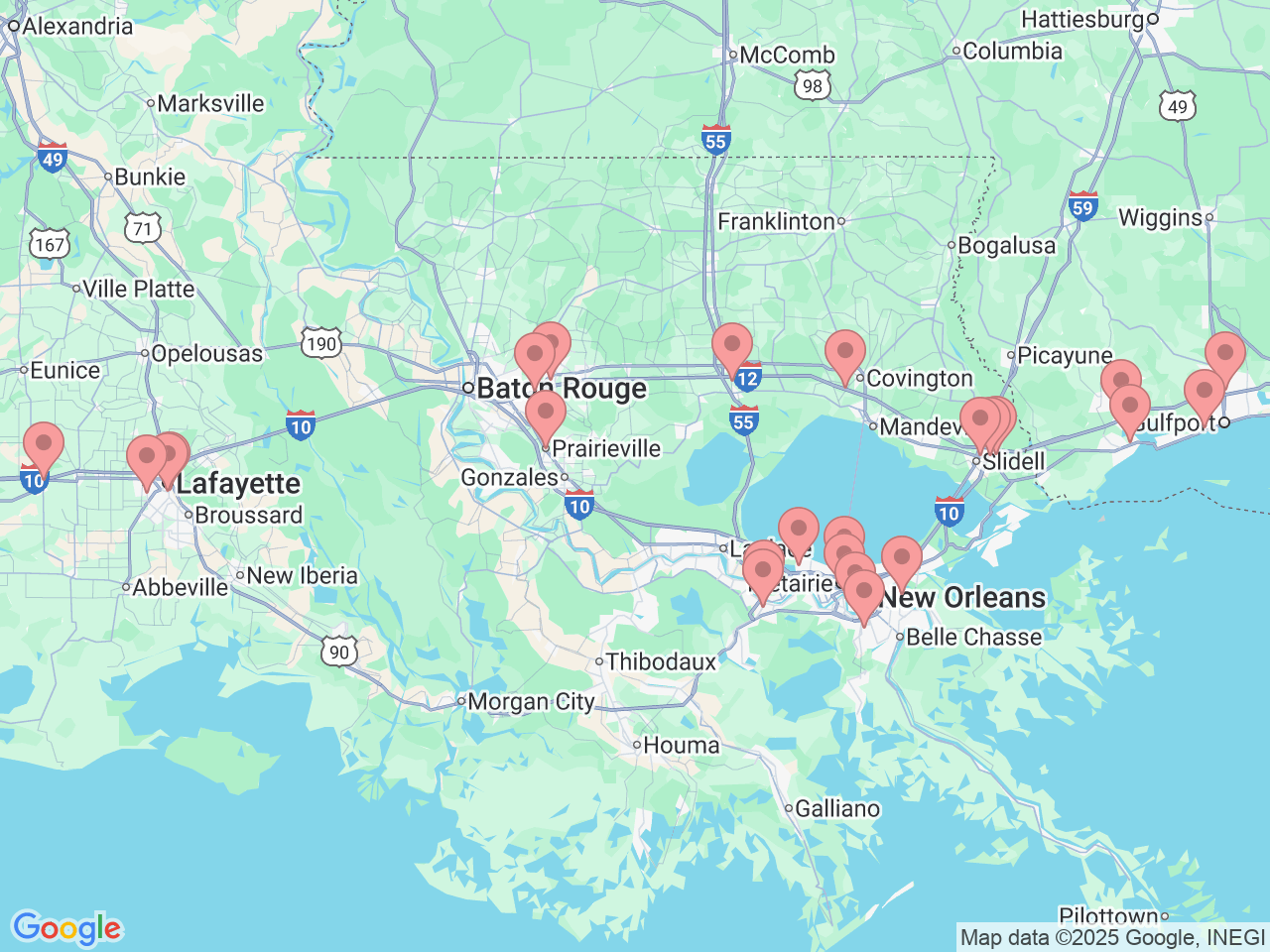 Map of Ochsner-affiliated facilities that provide services related to Podiatry