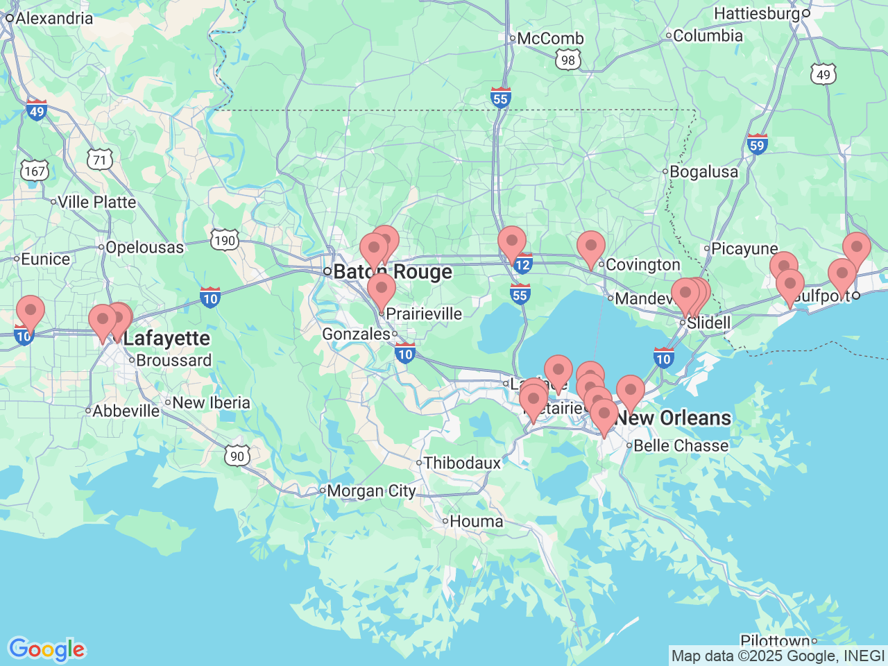Map of Ochsner-affiliated facilities that provide services related to Podiatry