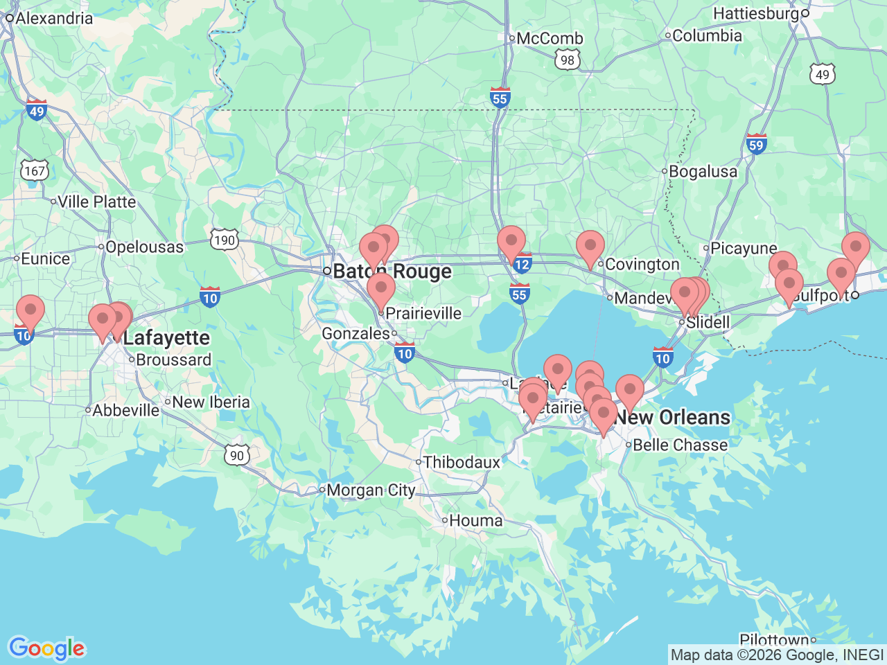 Map of Ochsner-affiliated facilities that provide services related to Podiatry