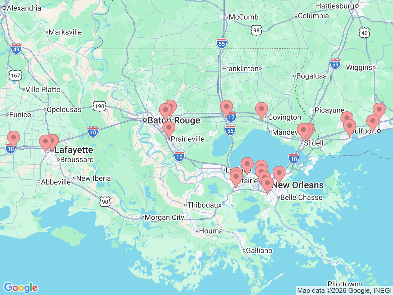 Map of Ochsner-affiliated facilities that provide services related to Podiatry