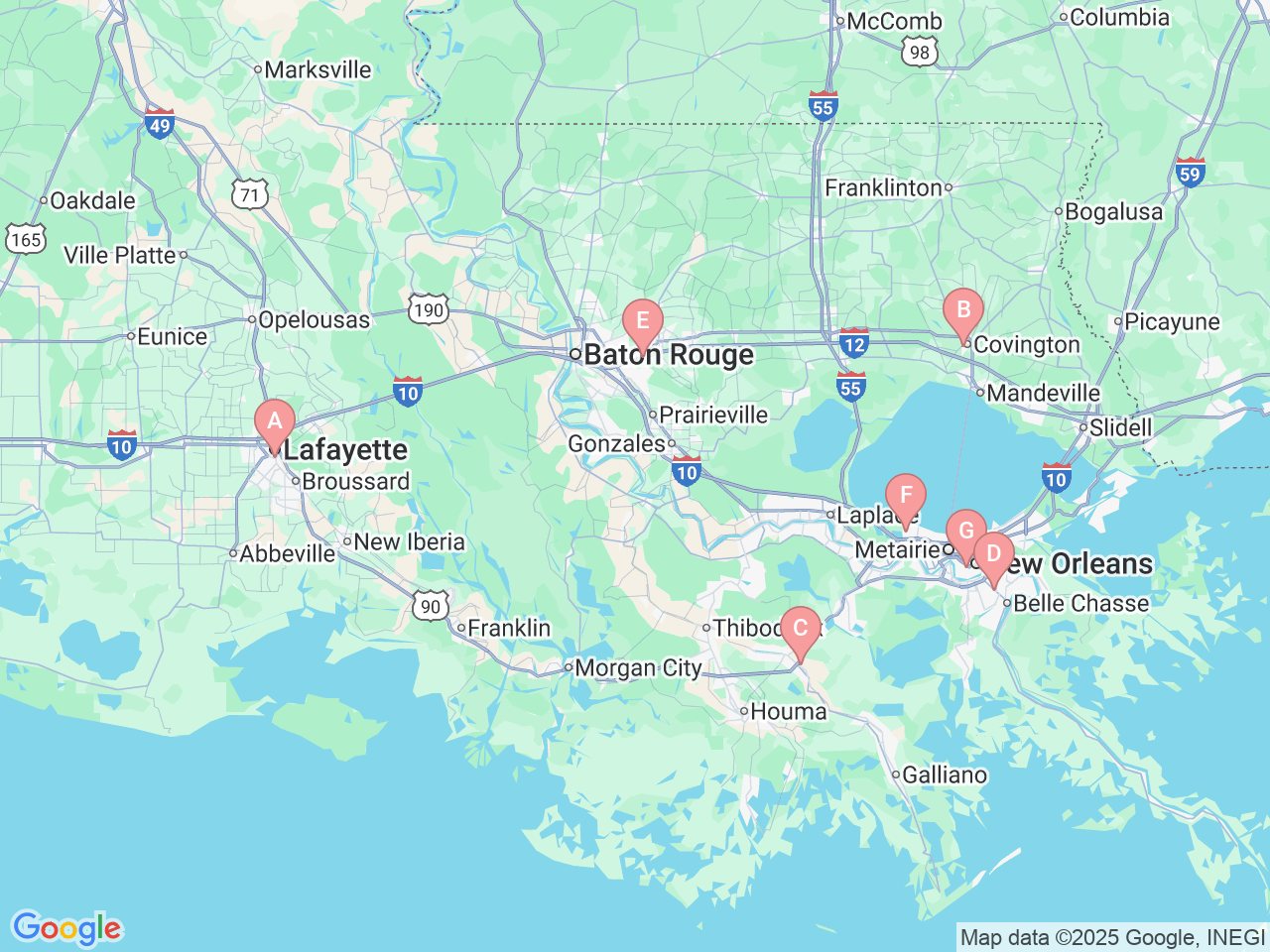 Map of Ochsner-affiliated facilities that provide services related to Prenatal Classes and Childbirth Education