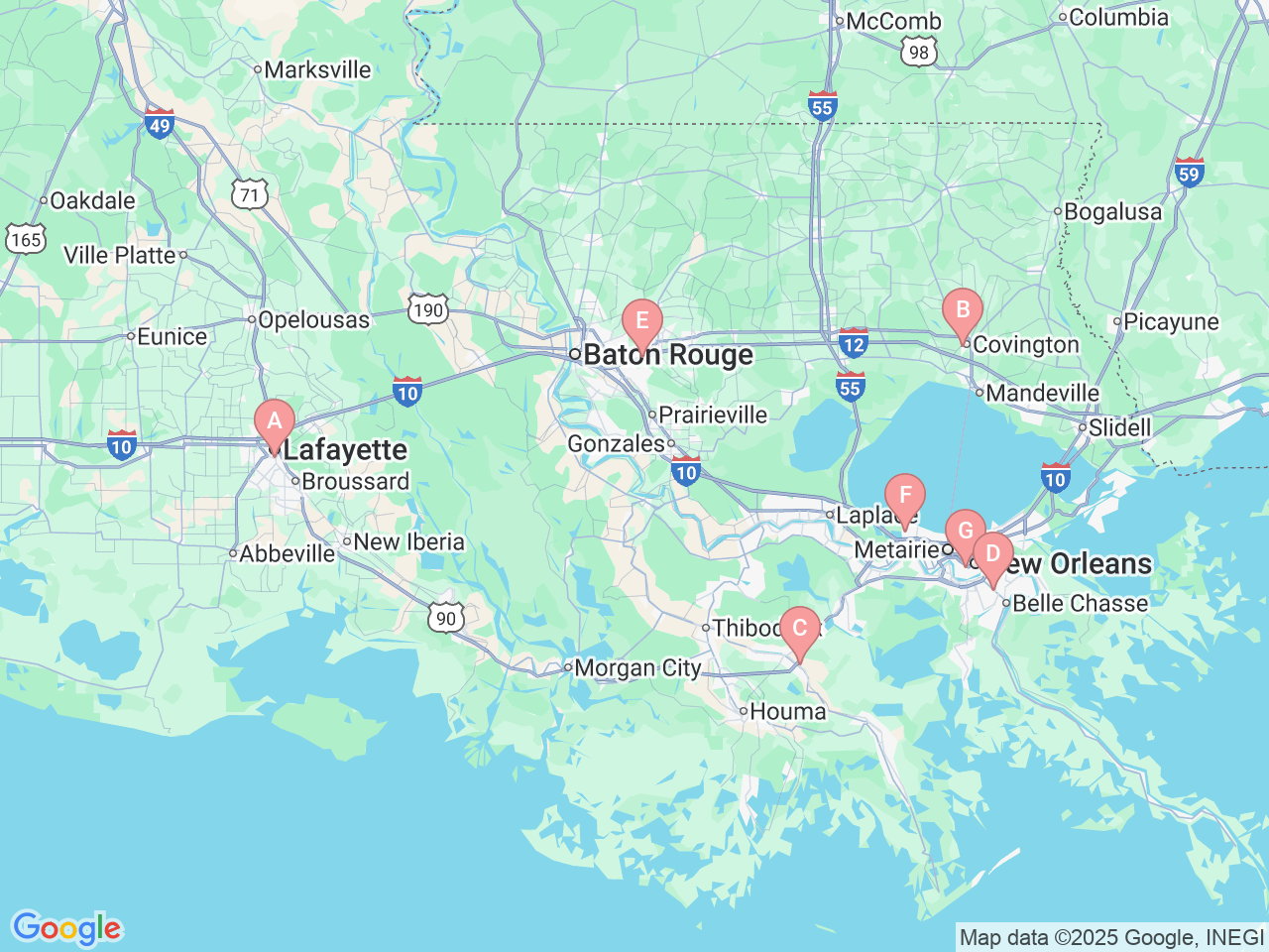 Map of Ochsner-affiliated facilities that provide services related to Prenatal Classes and Childbirth Education