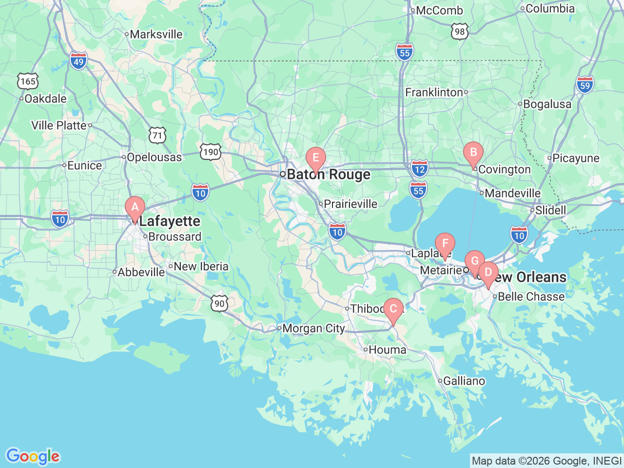 Map of Ochsner-affiliated facilities that provide services related to Prenatal Classes and Childbirth Education