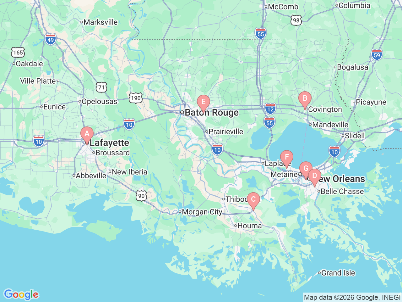 Map of Ochsner-affiliated facilities that provide services related to Prenatal Classes and Childbirth Education