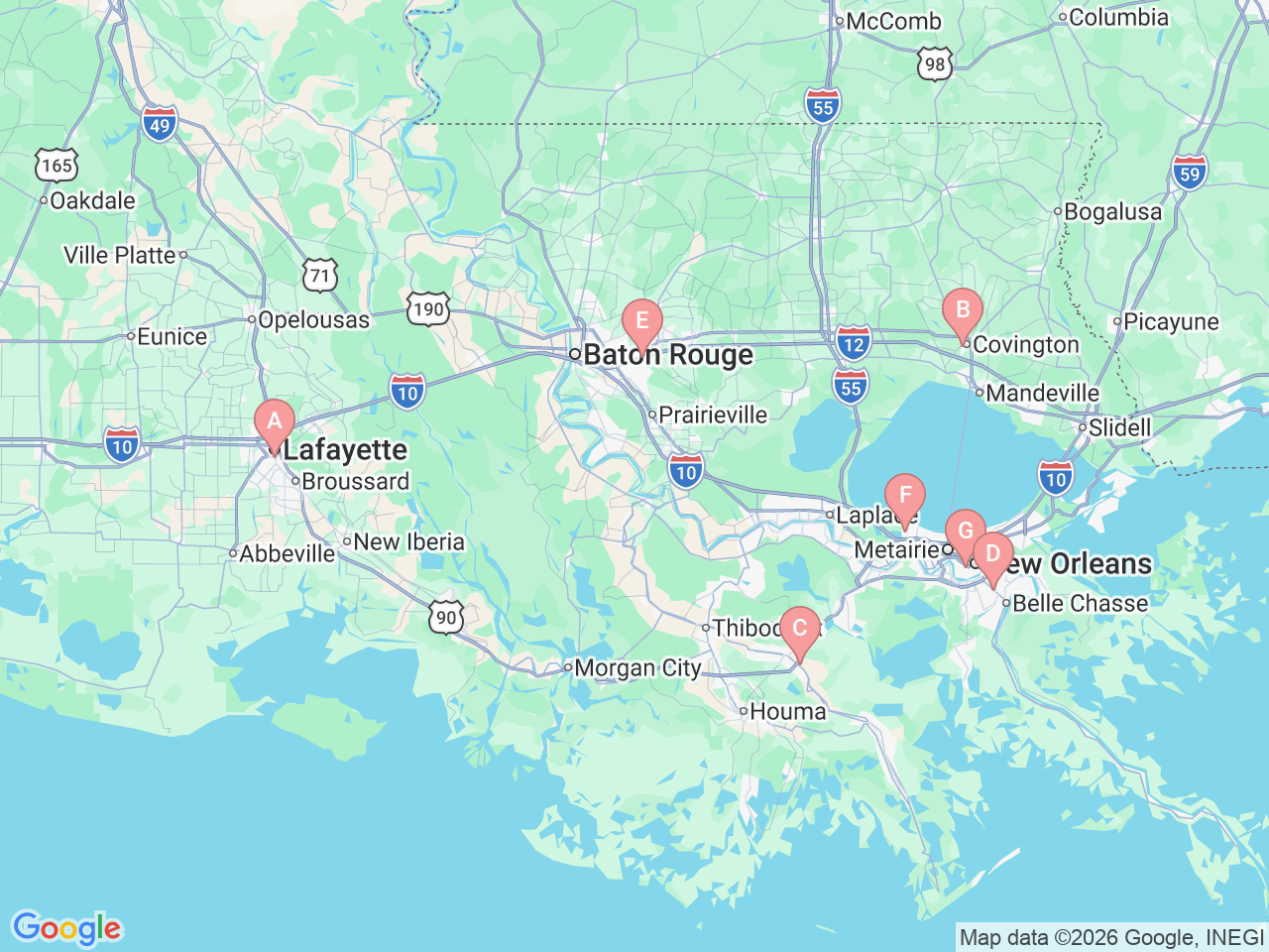 Map of Ochsner-affiliated facilities that provide services related to Prenatal Classes and Childbirth Education