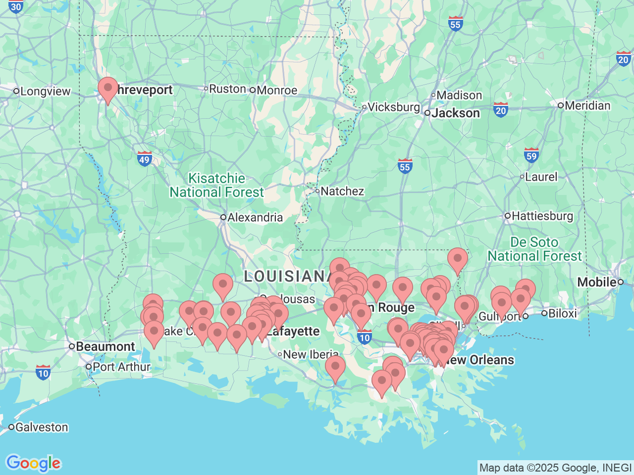 Map of Ochsner-affiliated facilities that provide services related to Primary Care