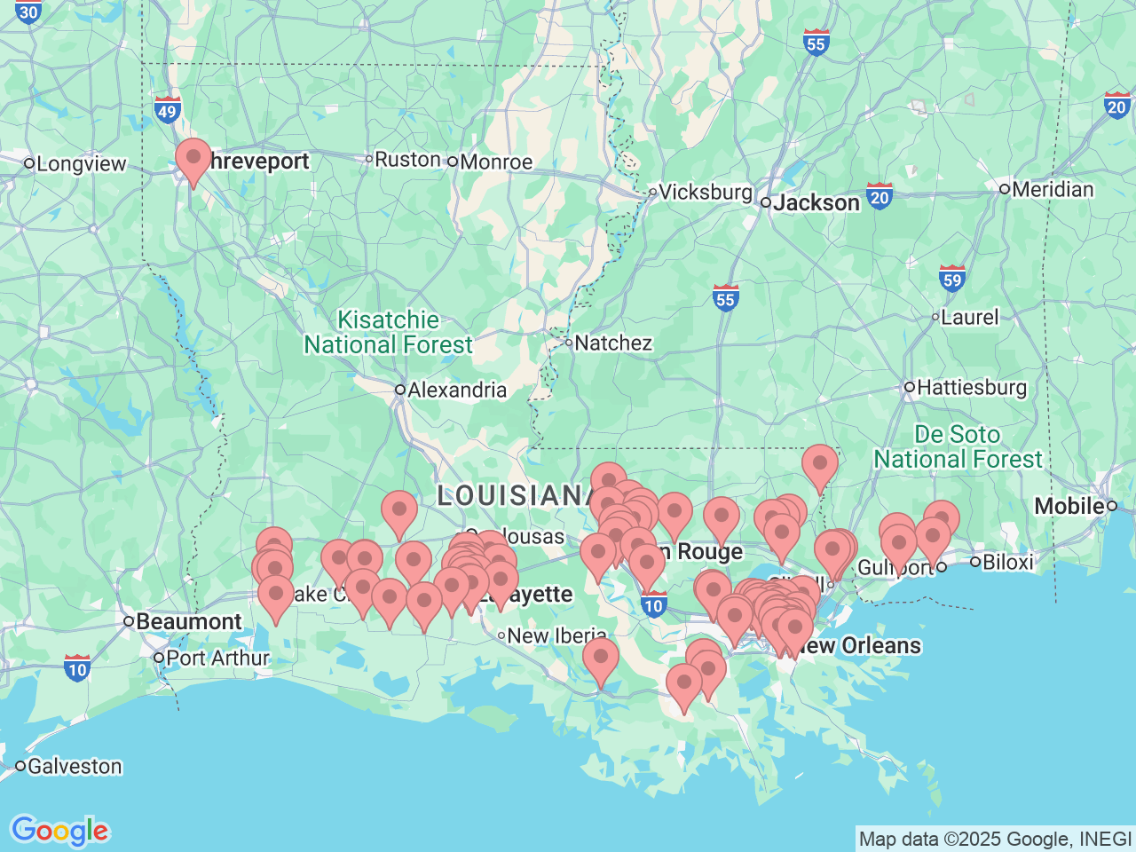 Map of Ochsner-affiliated facilities that provide services related to Primary Care