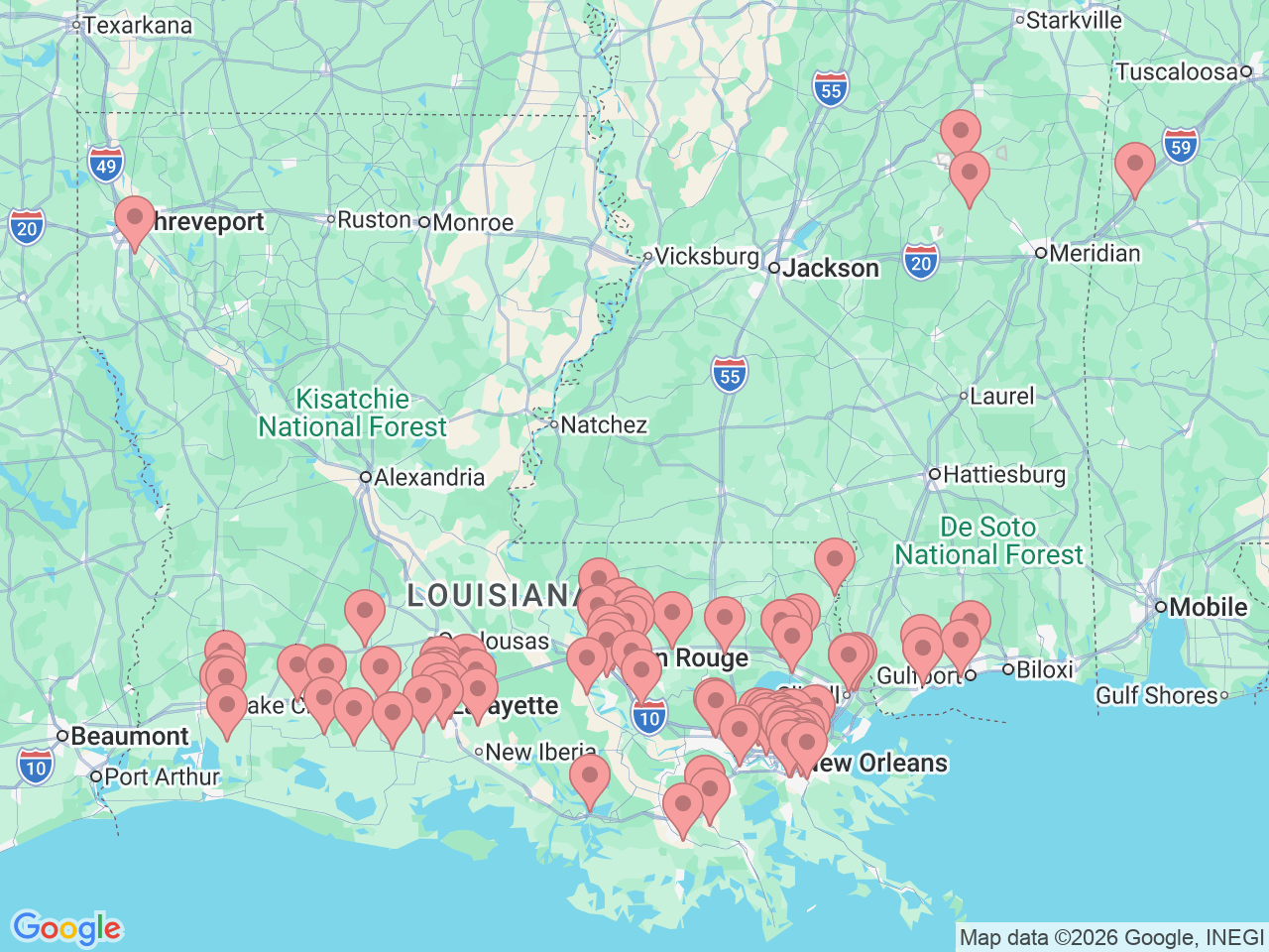 Map of Ochsner-affiliated facilities that provide services related to Primary Care