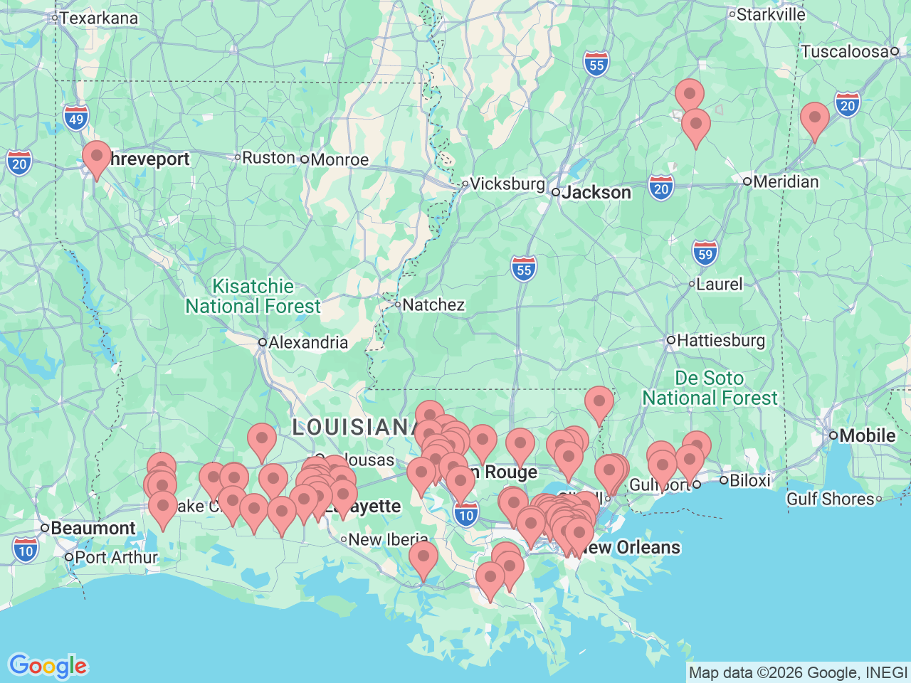 Map of Ochsner-affiliated facilities that provide services related to Primary Care