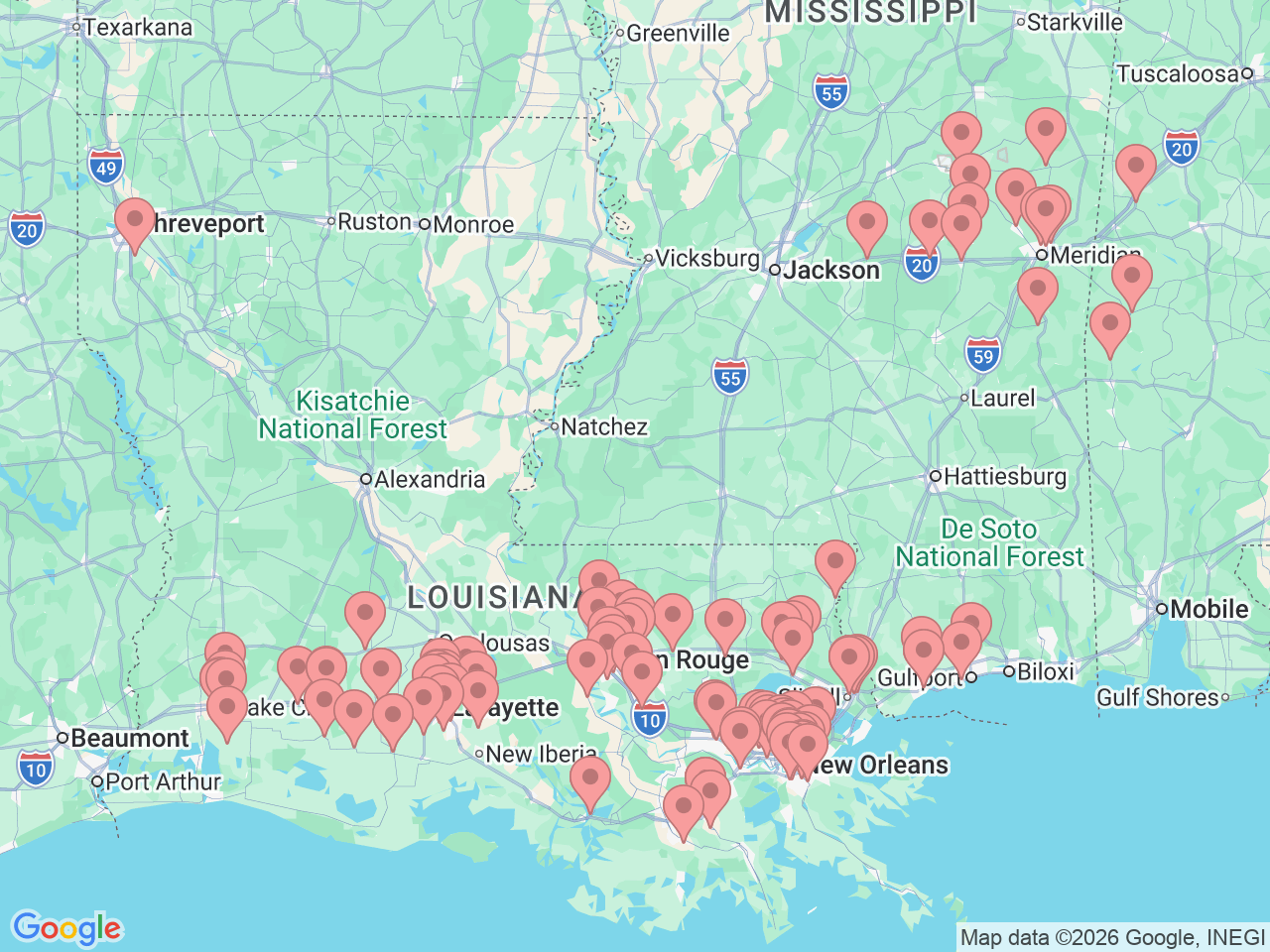Map of Ochsner-affiliated facilities that provide services related to Primary Care
