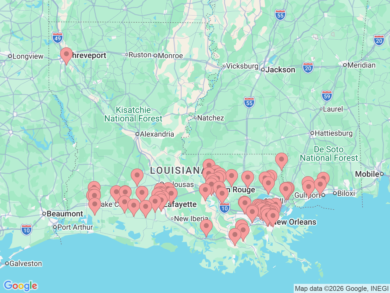 Map of Ochsner-affiliated facilities that provide services related to Primary Care