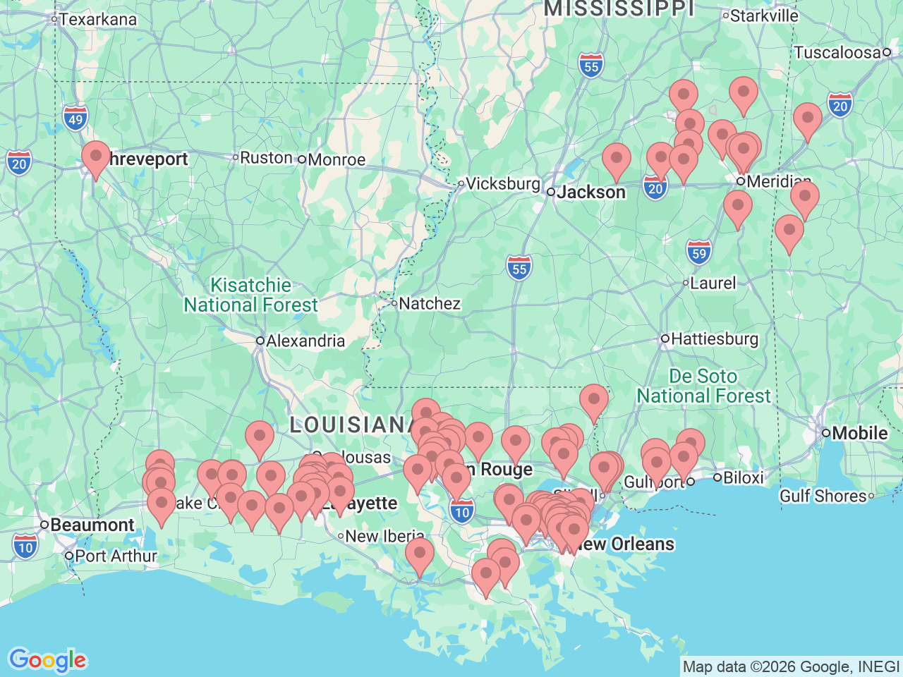 Map of Ochsner-affiliated facilities that provide services related to Primary Care